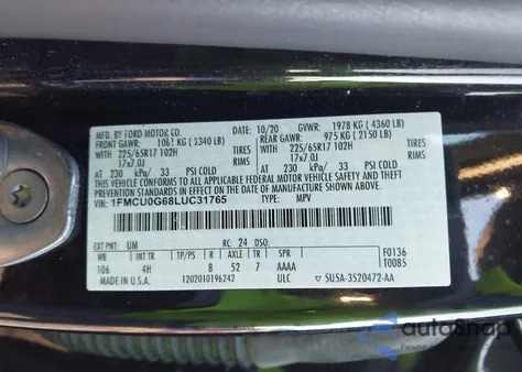 2020 Ford Escape Se from USA, damaged, VIN 1FMCU0G68LUC31765